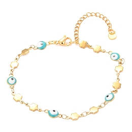 Honeyhandy 304 Stainless Steel Link Bracelets, with Enamel and Lobster Claw Clasps, Evil Eye & Flower, Sky Blue, Golden, 8-1/8 inch(20.5cm)