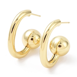 Honeyhandy Rack Plating Brass Round Ball Stud Earrings, Half Hoop Earrings, Cadmium Free & Lead Free, Real 18K Gold Plated, 28x28x3.5mm