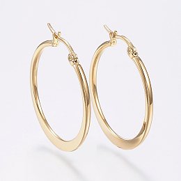 Honeyhandy 304 Stainless Steel Hoop Earrings, Hypoallergenic Earrings, Flat Ring Shape, Golden, 34~36mm, Pin: 0.7x1mm