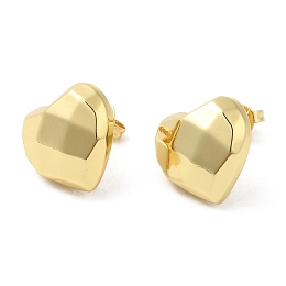 Honeyhandy Brass Faceted Heart Stud Earrings for Women, Real 16K Gold Plated, 14x15mm