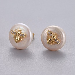 Honeyhandy Natural Pearl Stud Earrings, with Brass Micro Pave Cubic Zirconia Findings, Flat Round with Bees, Long-Lasting Plated, with Ear Nuts, Golden, Clear, 13~15mm, Pin: 0.8mm