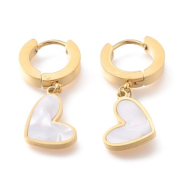 Honeyhandy 304 Stainless Steel Huggie Hoop Earrings, with Natural White Shell, Heart, Golden, 30.5mm, Pin: 1mm