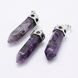 Honeyhandy Bullet Brass Gemstone Pointed Pendants, Platinum, Amethyst, 44mm, Hole: 5x8mm