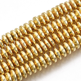 Honeyhandy Electroplate Non-magnetic Synthetic Hematite Bead Strands, Rondelle, Golden Plated, 8x3mm, Hole: 1mm, about 88pcs/strand, 15.7 inch