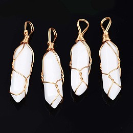 Honeyhandy Natural White Jade Big Pendants, with Golden Brass Findings, Hexagonal Prisms, 44.5~52x10~11x9.5~10.5mm, Hole: 4x7mm