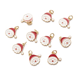 ARRICRAFT Real 18K Gold Plated Brass Enamel Charms, with Jump Ring, for Christmas, Santa Claus, Red, 14x14x1.5mm, Hole: 3.4mm