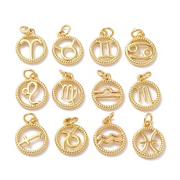 Brass Charms, Cadmium Free & Lead Free, Real 18K Gold Plated, Ring, 12 Constellations, 14.5x12x2mm, Hole: 3.4mm