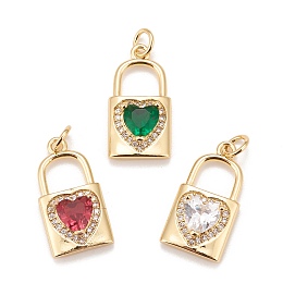 Honeyhandy Brass Micro Pave Cubic Zirconia Pendants, Real 18K Gold Plated, Lead Free & Cadmium Free, Lock, Mixed Color, 20x11x5mm, Hole: 3mm