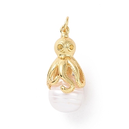 Honeyhandy Shell Pearl Pendants, with Brass Pave Clear Cubic Zirconia Findings, Cadmium Free & Lead Free, Long-Lasting Plated, Oval with Octopus Charm, Real 18K Gold Plated, 22~32x11x13mm, Hole: 3mm