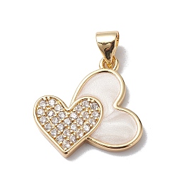 Honeyhandy Brass Micro Pave Cubic Zirconia Pendants, with Enamel, Cadmium Free & Lead Free, Real 18K Gold Plated, Long-Lasting Plated, Double Heart Charm, Clear, 19.5x18.5x2mm, Hole: 5x3mm