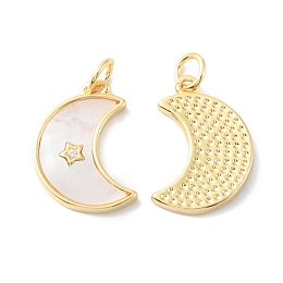 Honeyhandy Rack Plating Brass Micro Pave Clear Cubic Zirconia Pendants, with Shell, Moon Charms, Long-Lasting Plated, Cadmium Free & Lead Free, Real 18K Gold Plated, 18x13x2.3mm, Hole: 3mm