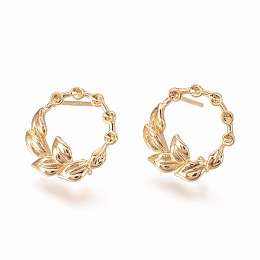 Honeyhandy Brass Ear Stud Components, Real 18K Gold Plated, Olive Branch, 13.5x14.5mm, Pin: 0.9mm