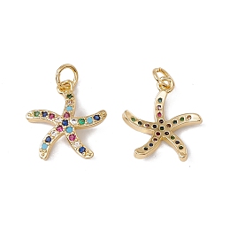 Honeyhandy Brass Micro Pave Colorful Cubic Zirconia Pendants, with Jump Ring, Cadmium Free & Nickel Free & Lead Free, Rack Plating, Starfish, Real 18K Gold Plated, 16.5x15x3mm, Hole: 3mm