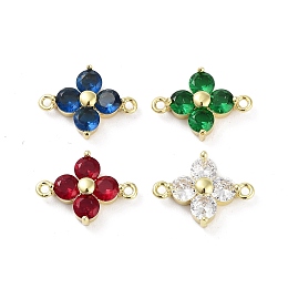 Rack Plating Brass Pave Cubic Zirconia Connector Charms, Flower Links, Real 18K Gold Plated, Long-Lasting Plated, Lead Free & Cadmium Free, Mixed Color, 13.5x10x4mm, Hole: 1mm