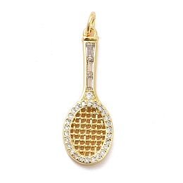 Honeyhandy Rack Plating Brass Cubic Zirconia Pendants, Tennis Racket Charms, Long-Lasting Plated, with Jump Rings, Cadmium Free & Lead Free, Real 18K Gold Plated, 28x10x2mm, Hole: 3mm