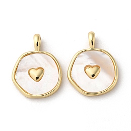 Honeyhandy Rack Plating Brass Pendants with Natural Shell, Flat Round Charms with Heart, Long-Lasting Plated, Lead Free & Cadmium Free, Real 18K Gold Plated, 18.5x14x4mm, Hole: 3.5x2mm