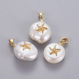 Honeyhandy Natural Cultured Freshwater Pearl Pendants, with Brass Micro Pave Cubic Zirconia Findings, Nuggets with Starfish/Sea Stars, Long-Lasting Plated, Golden, Clear, 17~27x12~16x6~12mm, Hole: 4x2.5mm