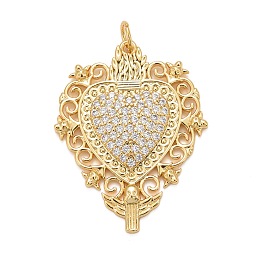 Honeyhandy Rack Plating Brass Micro Pave Clear Cubic Zirconia Pendants, Cadmium Free & Nickel Free & Lead Free, Long-Lasting Plated, with Jump Ring, Heart, Real 18K Gold Plated, 31x24x2.5mm, Jump Ring: 5x0.5mm, Inner diameter: 3.5mm