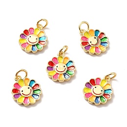 Honeyhandy Rack Plating Brass Pendants, Cadmium Free & Lead Free & Nickle Free, with Enamel and Jump Ring, Real 18K Gold Plated, Flower with Smiling Face, Colorful, 14x12x1.5mm, Jump Ring: 5x0.6mm, Inner Diameter: 3mm