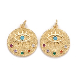 Honeyhandy Brass Micro Pave Colorful Cubic Zirconia Pendants, Cadmium Free & Nickel Free & Lead Free, Flat Round with Eyes, Real 18K Gold Plated, 20x18x2mm, Jump Ring: 5x1mm, Inner Diameter: 3.5mm.