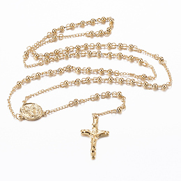 Honeyhandy Rosary Bead Necklace with Crucifix Cross, 304 Stainless Steel Necklace for Easter, Golden, 25.59 inch(65cm), 4mm