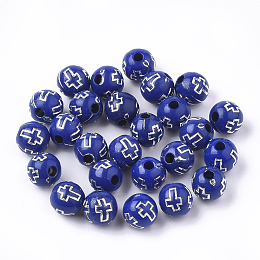 Honeyhandy Plating Acrylic Beads, Silver Metal Enlaced, Round with Cross, Blue, 8mm, Hole: 2mm, about 1800pcs/500g