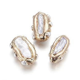 Honeyhandy Natural Baroque Pearl Keshi Pearl Beads, Cultured Freshwater Pearl, Edge Golden Plated, Nuggets, White, 25~30x13~23x7~14mm, Hole: 0.8~1mm