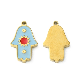 Honeyhandy Ion Plating(IP) 304 Stainless Steel Manual Polishing Charms, with Enamel, Hamsa Hand/Hand of Miriam with Sun, Golden, 12x7.5x1.5mm, Hole: 0.9mm