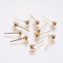 Honeyhandy Ion Plating(IP) 304 Stainless Steel Ball Stud Earring Post, Earring Findings, with Vertical Loops and 316 Stainless Steel Pin, Round, Golden, 14x5x3mm, Hole: 1.2mm, Pin: 0.7mm