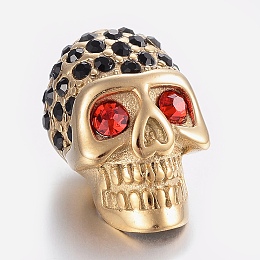 Honeyhandy 304 Stainless Steel Rhinestone Beads, Large Hole Beads, Skull Head, Ruby, Golden, 21.5x13x13mm, Hole: 6mm