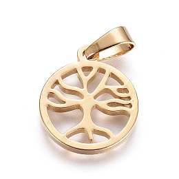 Honeyhandy 304 Stainless Steel Pendants, Flat Round with Tree of Life, Golden, 16x13.5x1.3mm, Hole: 6x3mm