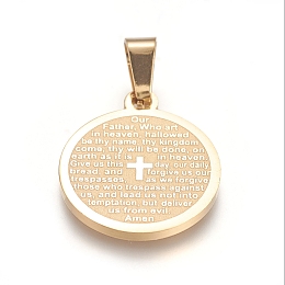 Honeyhandy 304 Stainless Steel Pendants, Flat Round with Lord's Prayer Cross, Golden, 21x18x1.5mm, Hole: 6x4mm