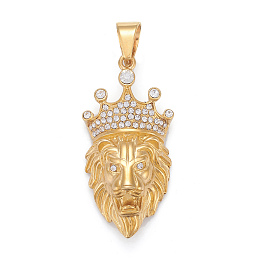 Honeyhandy 304 Stainless Steel Big Pendants, with Crystal Rhinestone, Lion Head with Crown, Golden, 55x27.5x15.5mm, Hole: 6x12mm