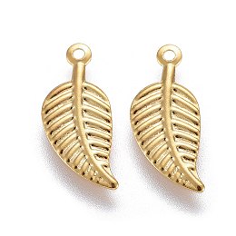 Honeyhandy 304 Stainless Steel Charms, Leaf, Real 24k Gold Plated, 14x6x0.5mm, Hole: 0.8mm