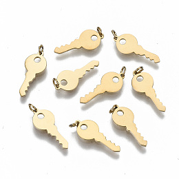 Honeyhandy 304 Stainless Steel Charms, Laser Cut, with Jump Rings, Key, Real 14K Gold Plated, 14.5x6x0.7mm, Jump Ring: 3x0.4mm, 2.2mm inner diameter