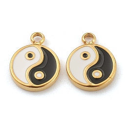 Honeyhandy Fashion 304 Stainless Steel Enamel Charms, Flat Round with Tai Ji, Golden, 13x10x2mm, Hole: 1.8mm