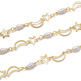 Honeyhandy 3.28 Feet Handmade Brass Link Chains, with Acrylic Imitation Pearl, Long-Lasting Plated, Soldered, Moon & Star, Golden, Star: 7.7x8x0.8mm, Moon: 10x6.2x0.9mm, acrylic pearl: 14.3x3.5mm