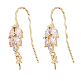 Honeyhandy Brass Micro Pave Cubic Zirconia Earring Hooks, for Half Drilled Beads, Long-Lasting Plated, Leaf, Clear, Real 18K Gold Plated, 24mm, Pin: 0.7mm