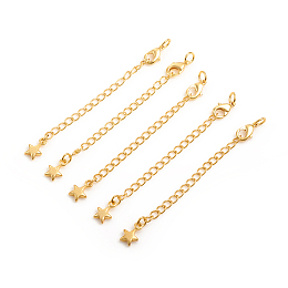 Honeyhandy Brass Chain Extender, with Curb Chains and Lobster Claw Clasps, Long-Lasting Plated, Star, Real 14K Gold Plated, 73x3mm, Hole: 3mm