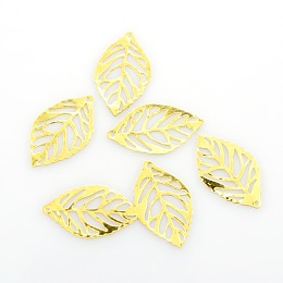 Honeyhandy Leaf Iron Pendants, Etched Metal Embellishments, Golden, 23.5x14x0.4mm, Hole: 1mm