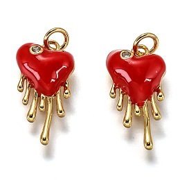 Honeyhandy Brass Micro Pave Clear Cubic Zirconia Pendants, Long-Lasting Plated, with Jump Rings & Red Enamel, Heart, Real 18K Gold Plated, 17x9x3.5mm, Hole: 2.5mm