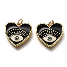 Honeyhandy Brass Micro Pave Cubic Zirconia Pendants, with Enamel and Jump Rings, Heart with Eye, Black, Real 18K Gold Plated, 18x19x2.4mm, Hole: 3.2mm