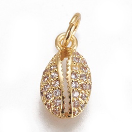 Honeyhandy Brass Micro Pave Cubic Zirconia Charms, Cowrie Shell, Clear, Golden, 12.5x7x3.5mm, Hole: 3mm