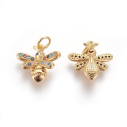 Honeyhandy Brass Micro Pave Cubic Zirconia Charms, Bees, Colorful, Golden, 13.5x14~14.5x3.5mm, Hole: 3mm