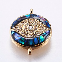 Honeyhandy Brass Micro Pave Cubic Zirconia Links, with Abalone Shell/Paua Shell, Evil Eye, Golden, 19~20x14.5x4mm, Hole: 1mm