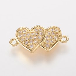 Honeyhandy Brass Micro Pave Cubic Zirconia Links, Heart with Heart, Golden, 18x8x2.5mm, Hole: 1mm