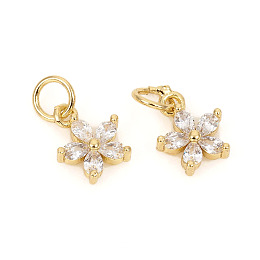 Honeyhandy Brass Micro Pave Cubic Zirconia Charms, with Jump Rings, Flower, Clear, Golden, 9.5x7.8x2.5mm, Jump Rings: 4.8x0.8mm, 3.2mm Inner Diameter