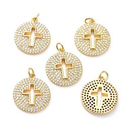 Honeyhandy Brass Micro Pave Clear Cubic Zirconia Pendants, with Jump Ring, Long-Lasting Plated, Flat Round with Cross, Real 18K Gold Plated, 22x19x2.5mm, Jump Rings: 5x1mm, 3mm Inner Diameter