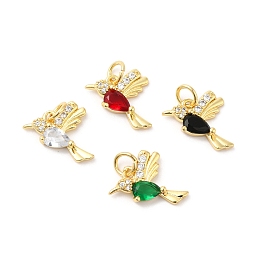 Honeyhandy Real 16K Gold Plated Brass Micro Pave Cubic Zirconia Pendants, with Jump Ring, Hummingbird Charms, Mixed Color, 13x11.5x3mm, Hole: 3.5mm