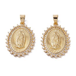 Honeyhandy Brass Micro Pave Clear Cubic Zirconia Pendants, Long-Lasting Plated, Oval with Catholic, Real 18K Gold Plated, 32x22.5x3mm, Hole: 4.5x3.5mm